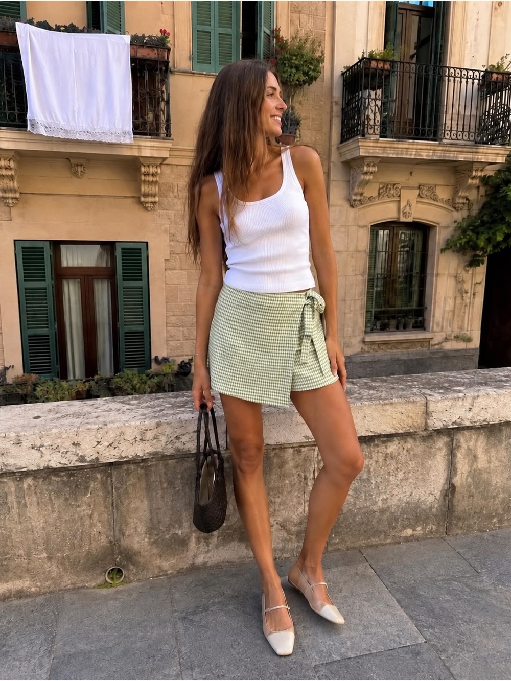 Reformation Eva Green White Gingham 100% Linen Wrap Skort Shorts Size 6